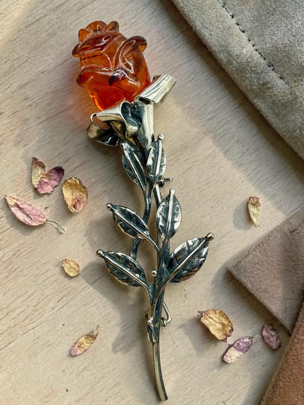 Baltic Amber Carved Rose Sterling 925 Brooch Pin Vintage 3.5” Eastern European